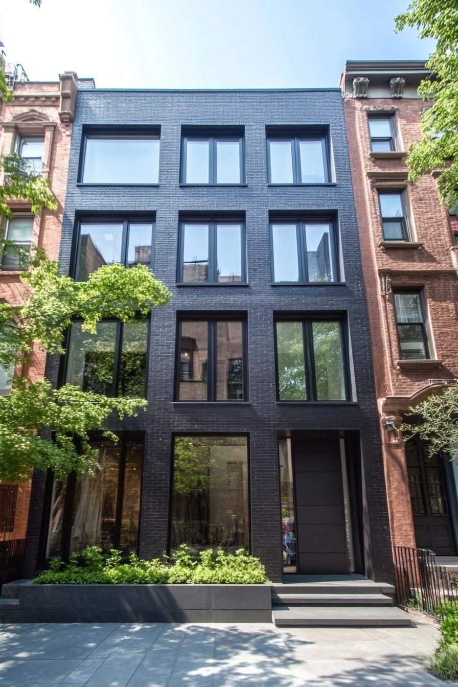 Modern townhouse with dark brick facade and large windows