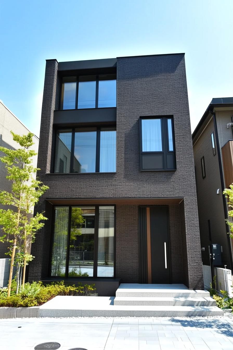 Modern dark brick townhouse with large windows and minimal landscaping