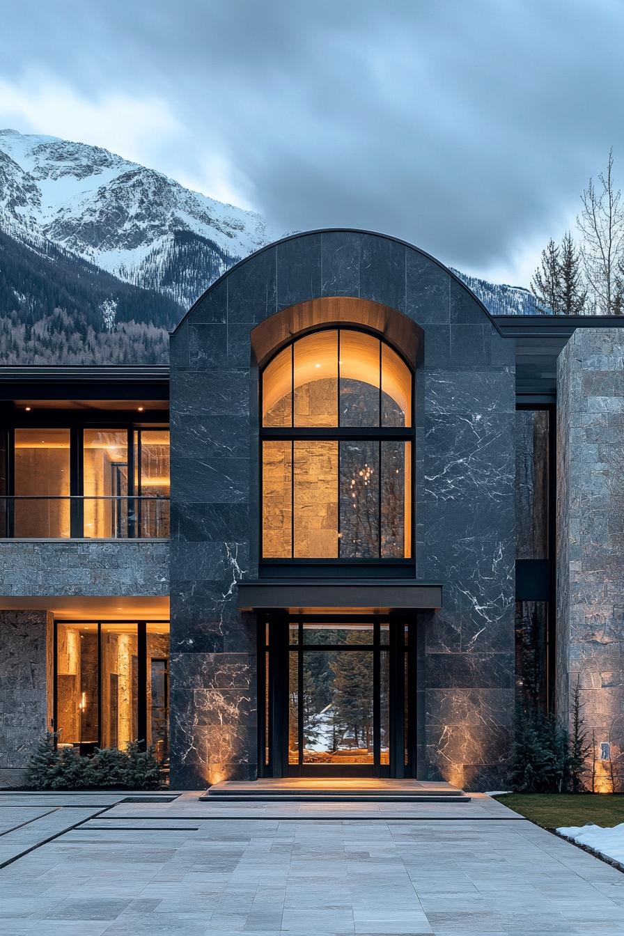 Modern stone house with large arched window and mountain views