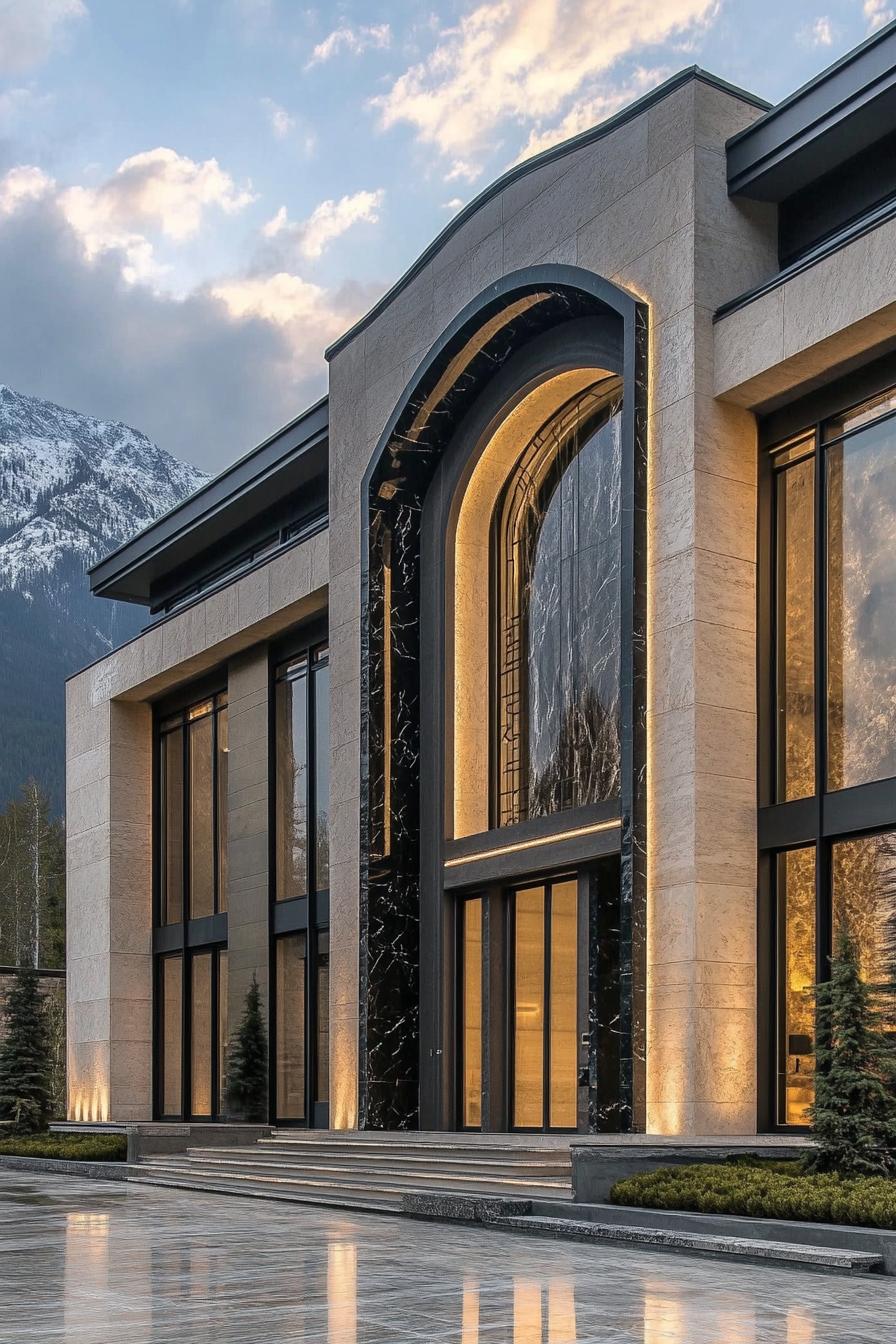 Modern house with large windows and unique arch design in a mountainous setting