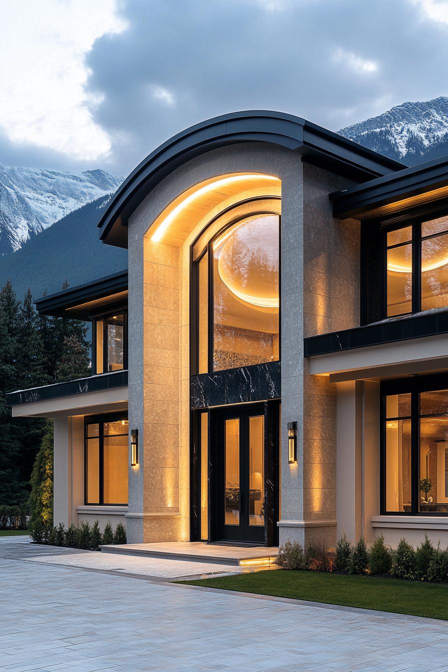 Modern house with large windows and warm lighting against a mountain backdrop