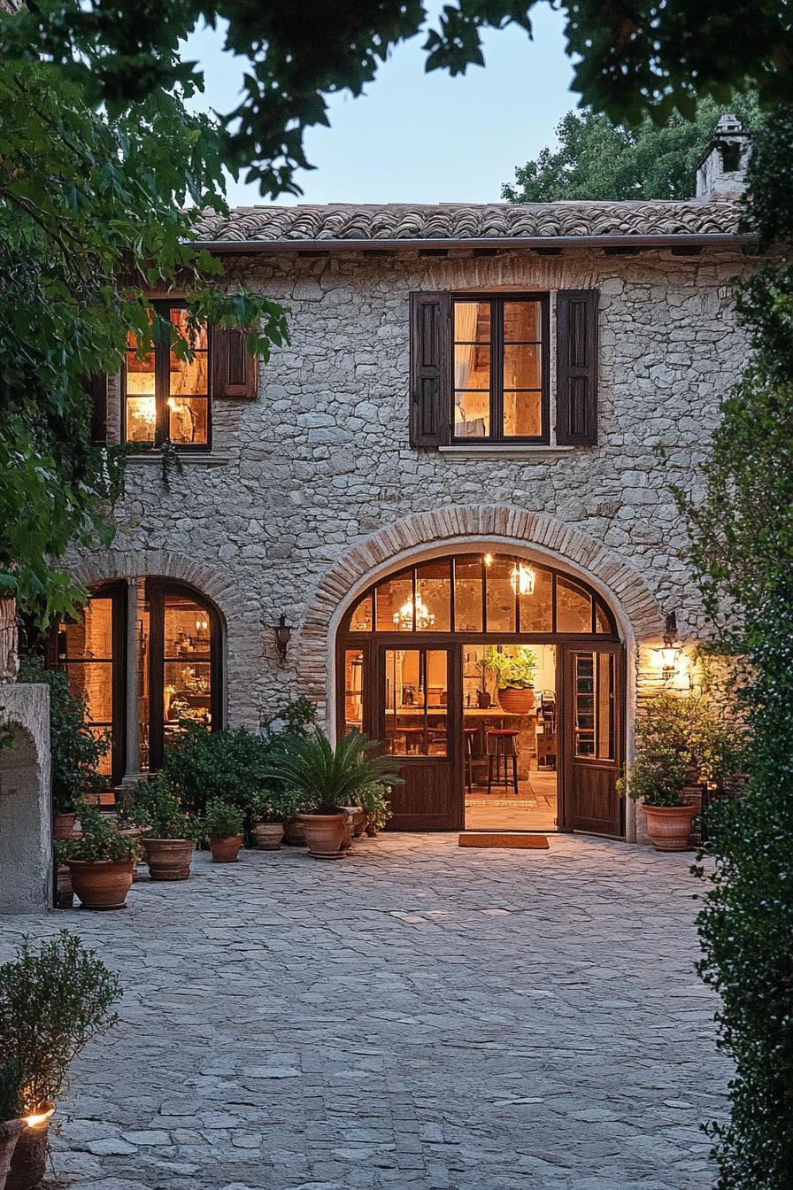 Charming stone house with warm lighting and lush plants