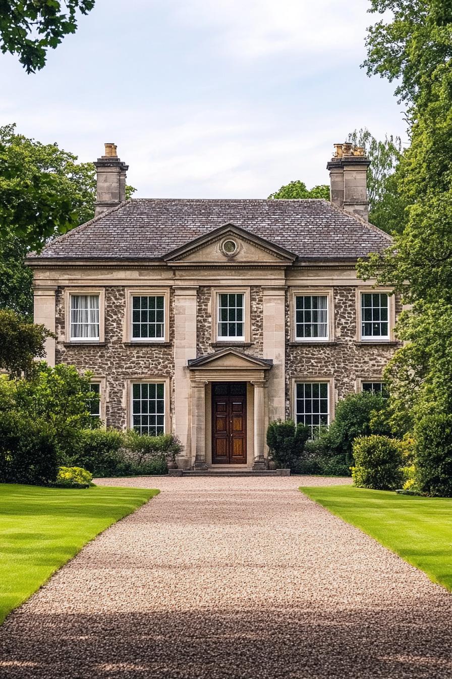 Elegant stone house with manicured garden