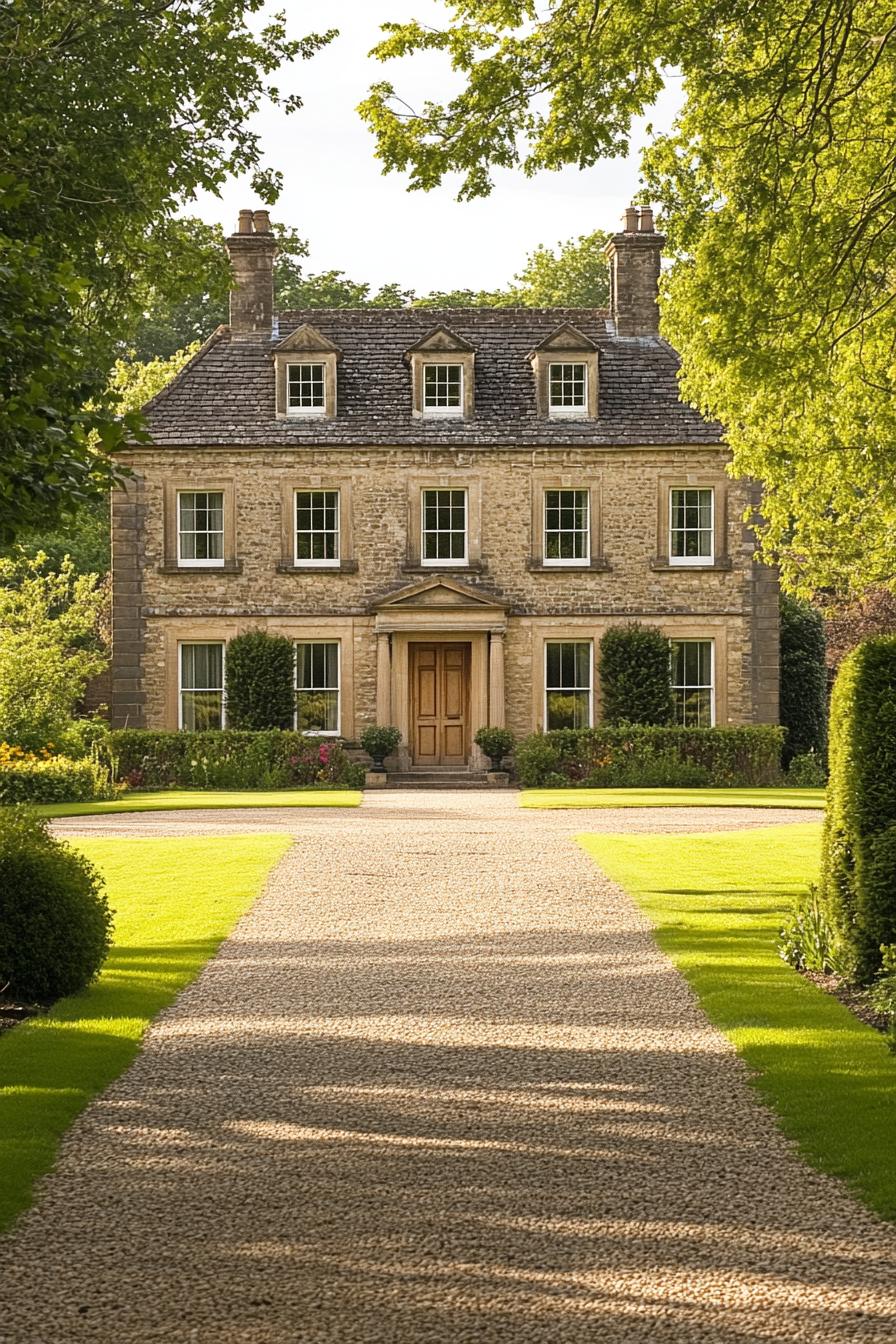 Georgian stone house with a gravel path and manicured lawn