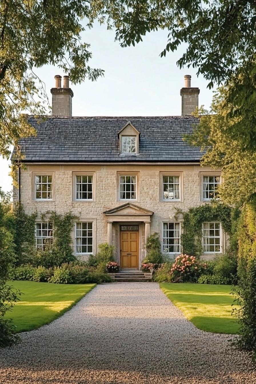 Elegant stone house with manicured gardens