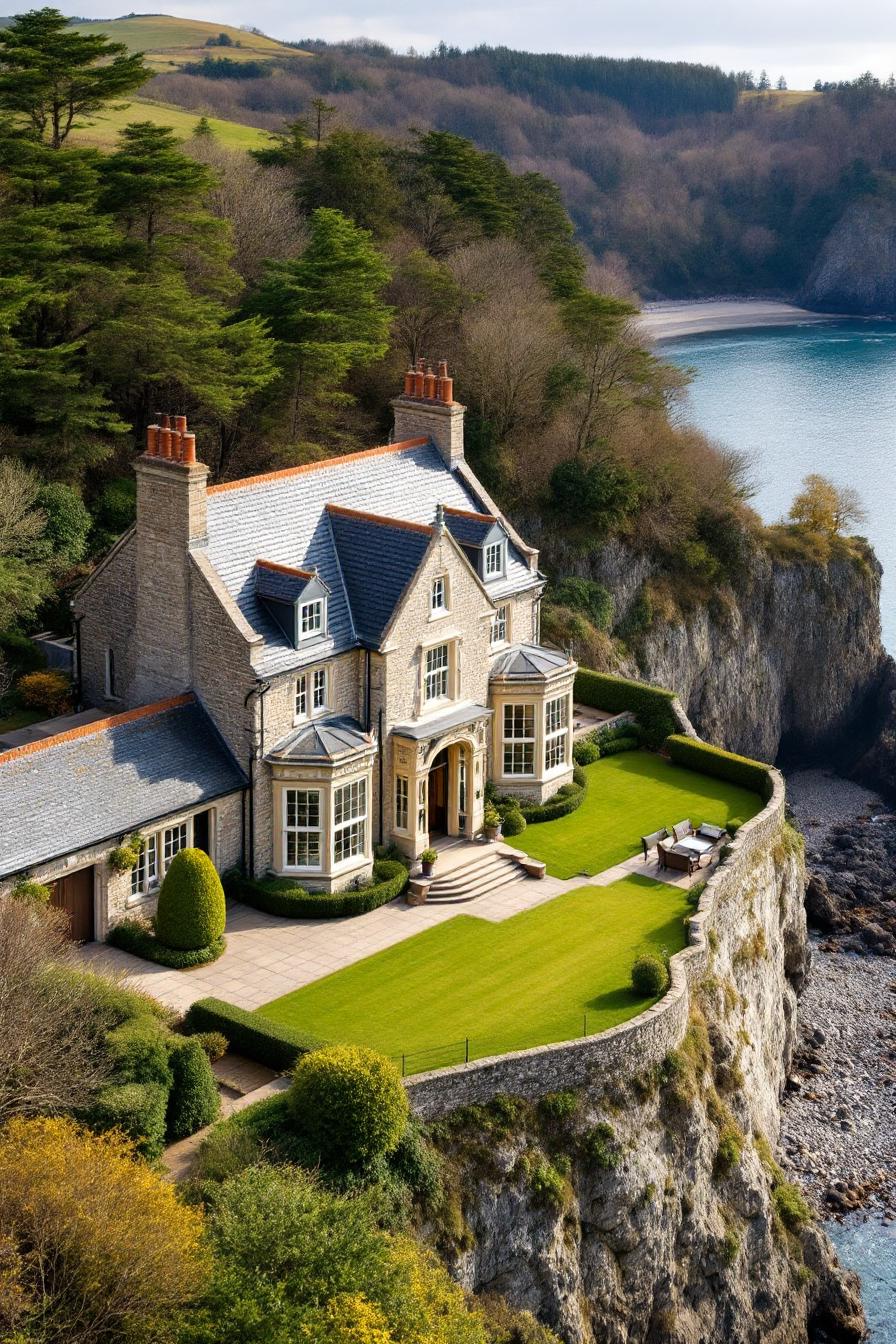 Elegant house perched on a cliffside with lush gardens