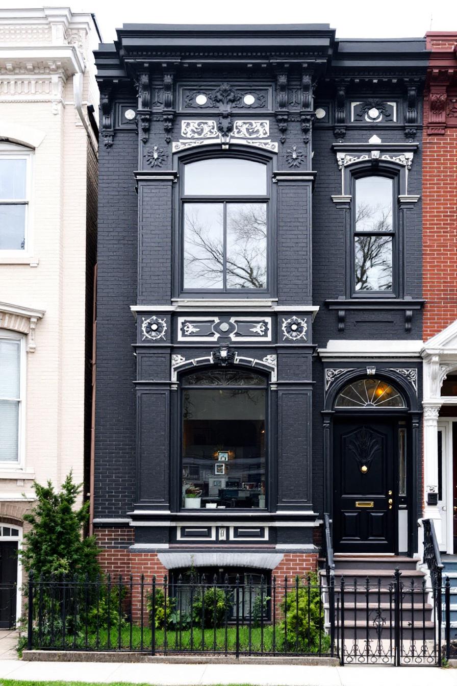 Charming black brick townhouse with ornate details