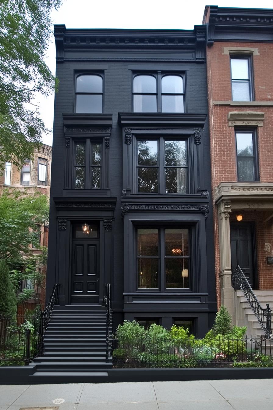 Victorian-style black townhouse with ornate details