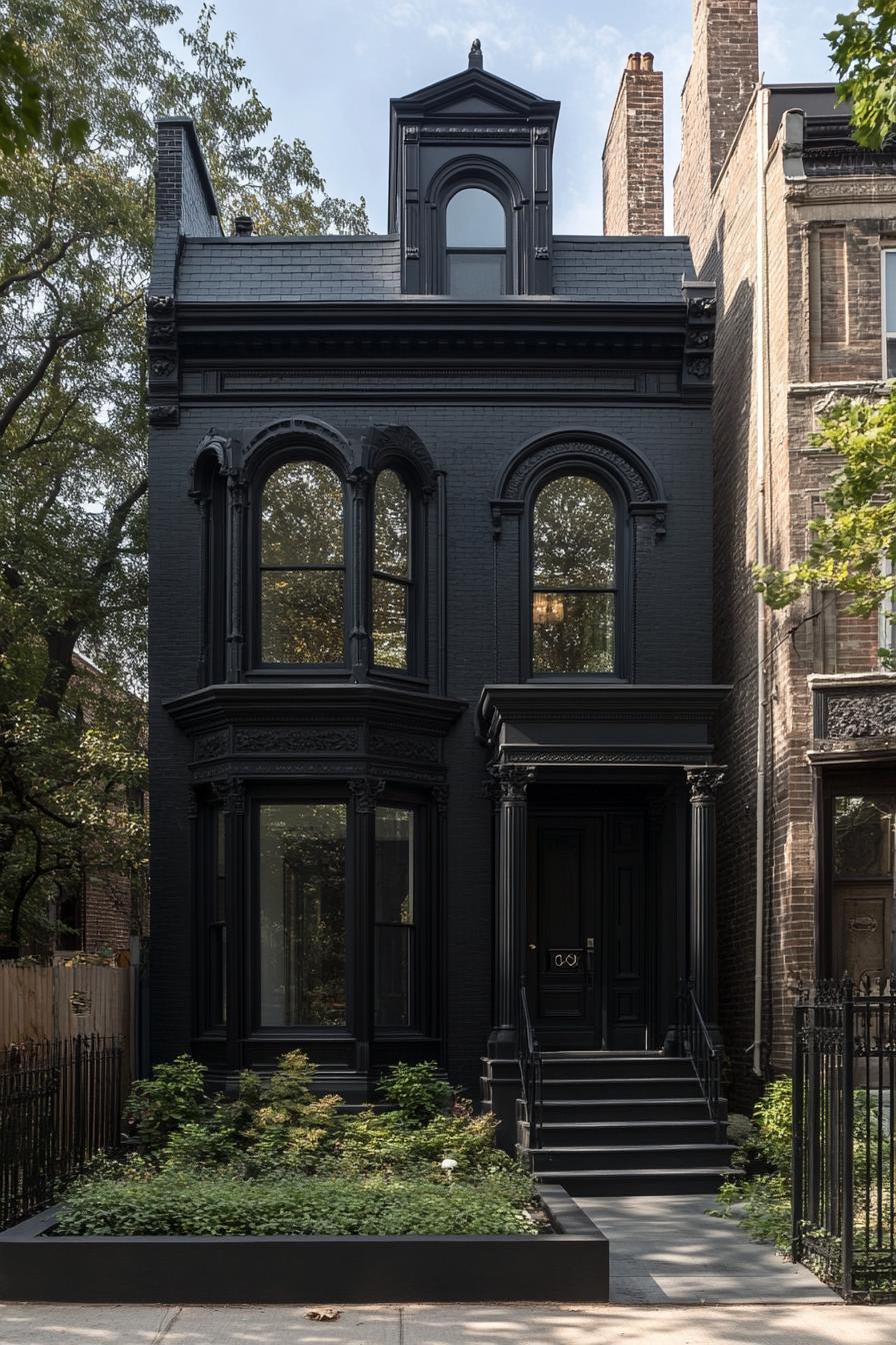 Black brick house with large arched windows and lush front garden