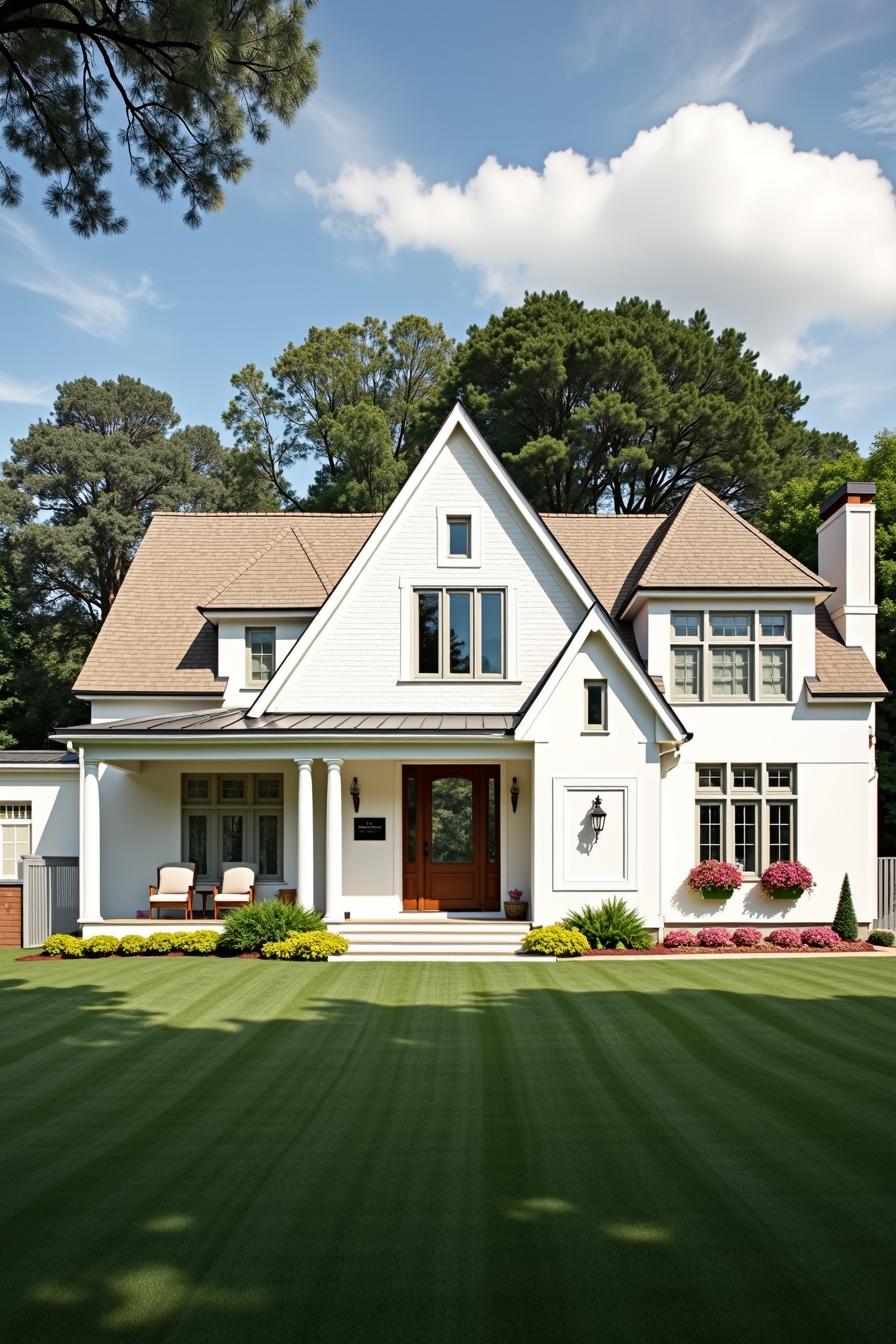 White cottage with lush green lawn and trees in the background