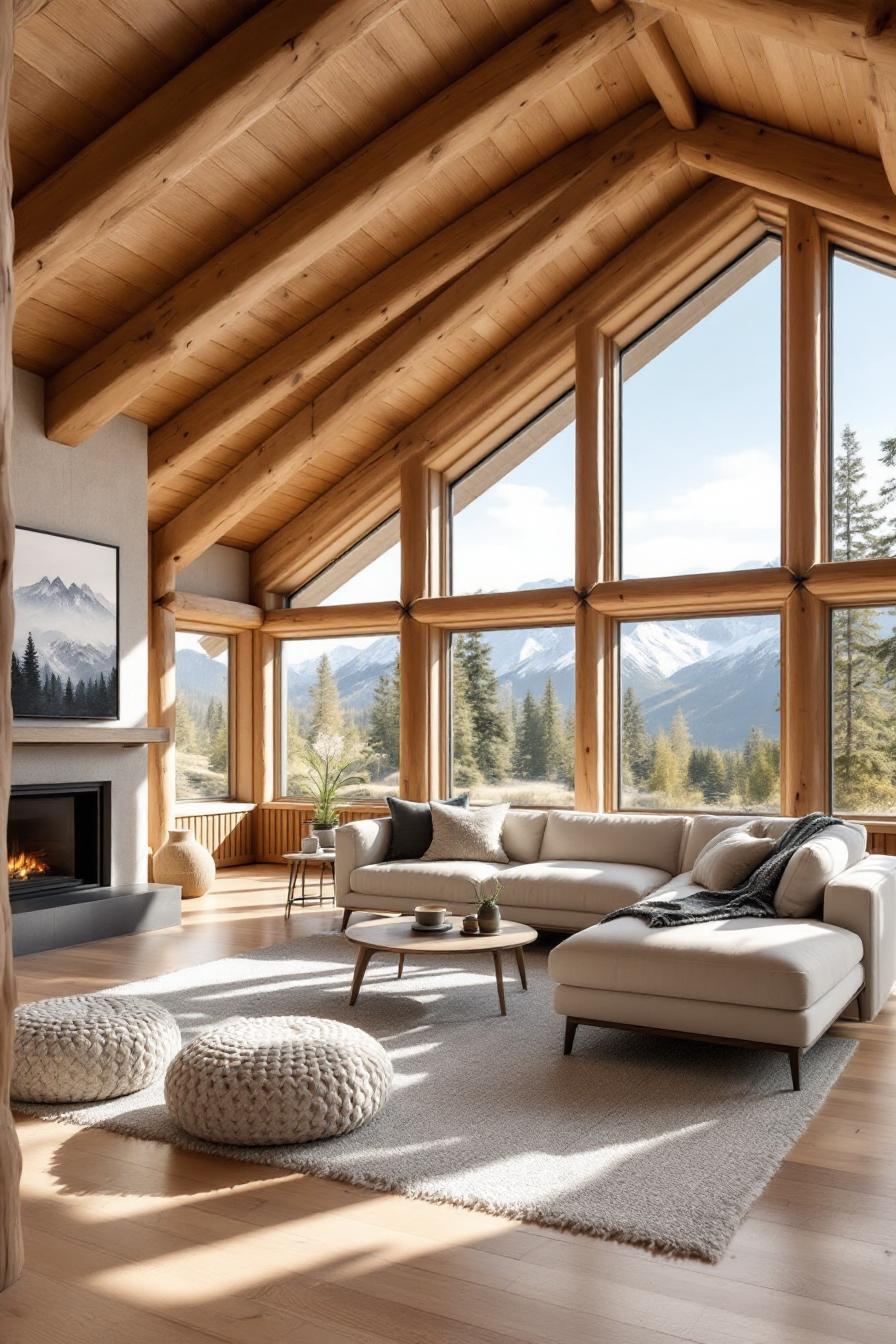 Modern cabin interior with large windows and a scenic mountain view