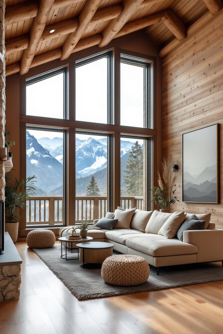 Cozy modern cabin living room with large windows and mountain views