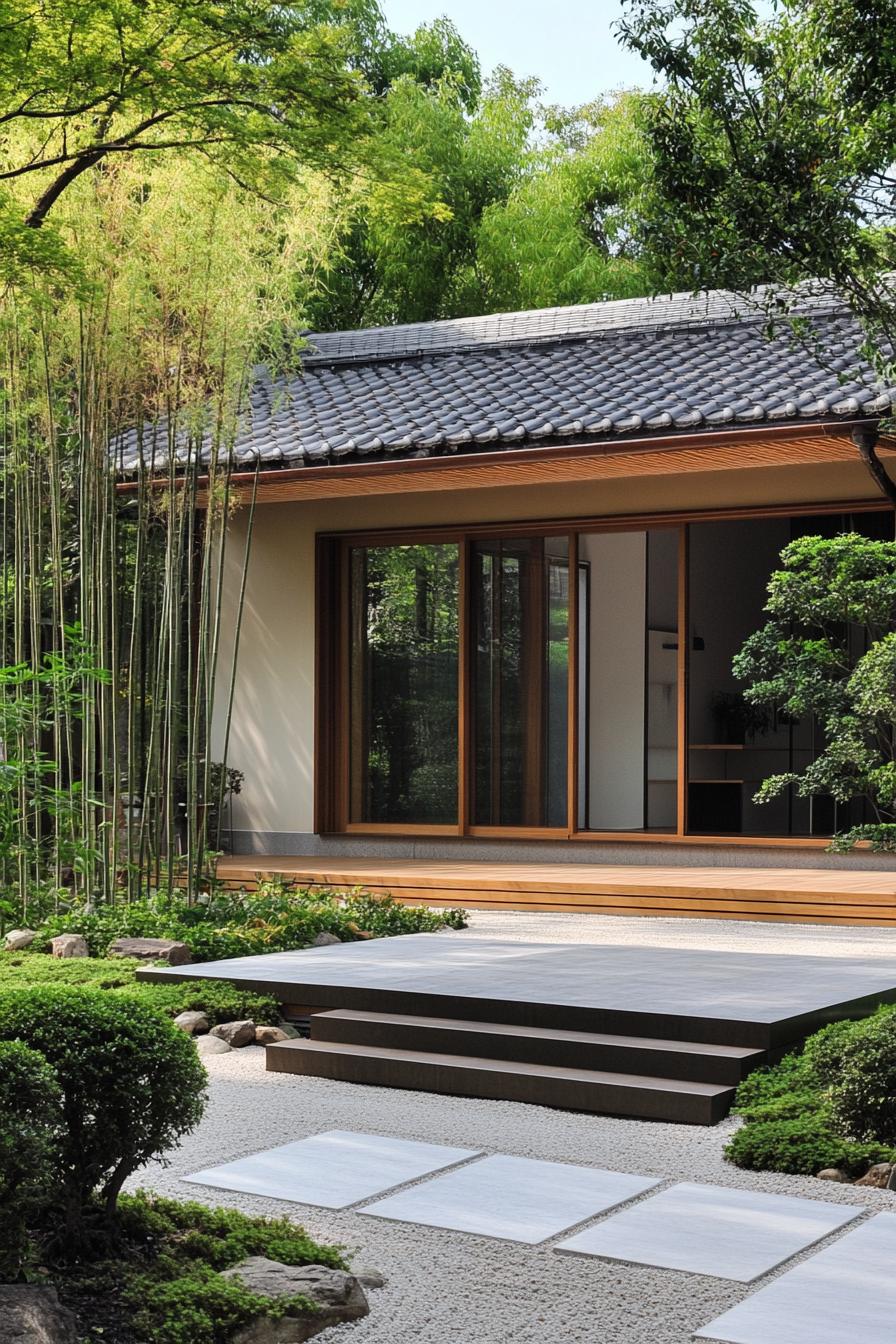 Japanese minimalist house surrounded by bamboo and greenery