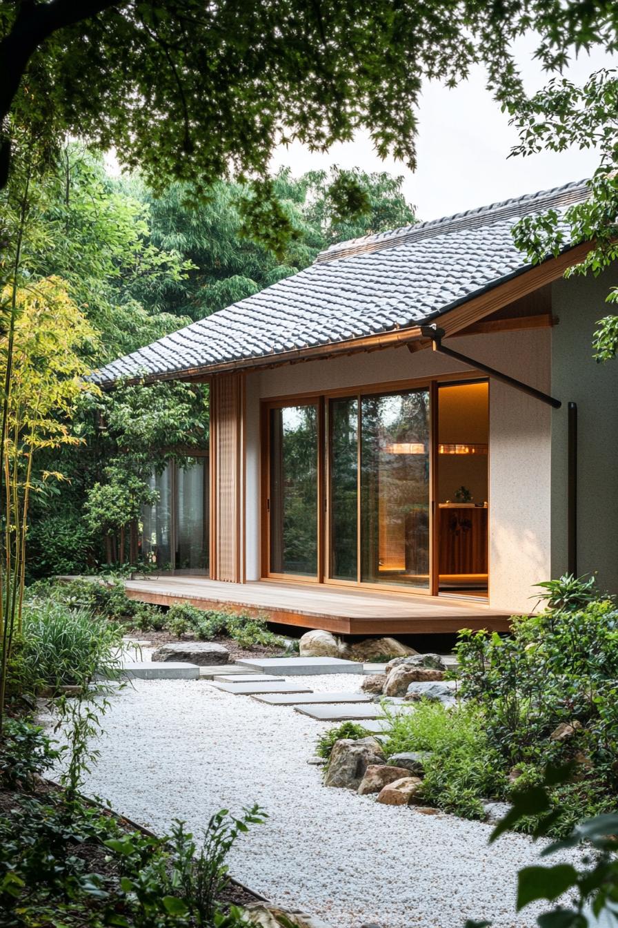 Japanese minimalist house amidst lush greenery with a stone path