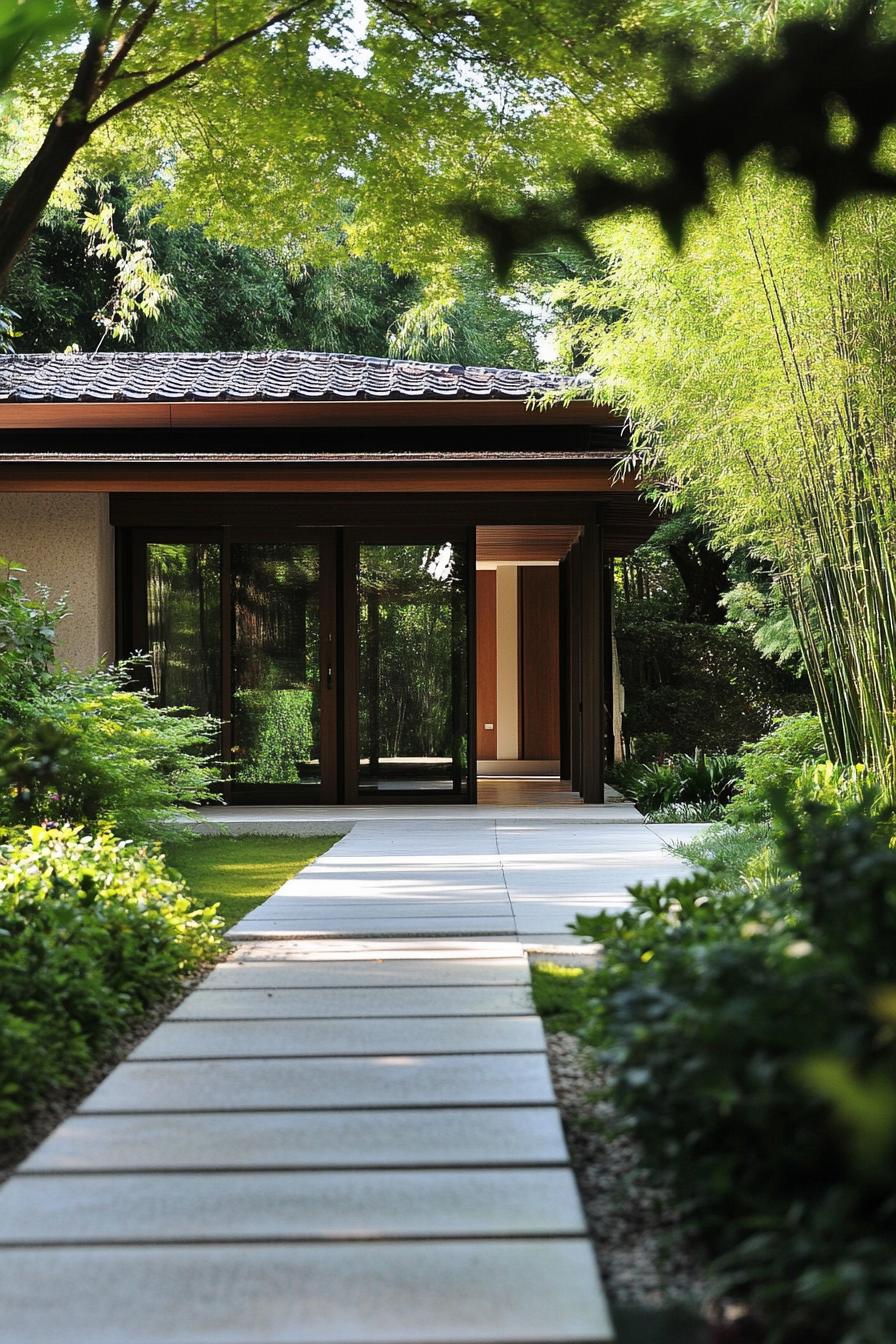 Entrance of a minimalist house surrounded by lush greenery