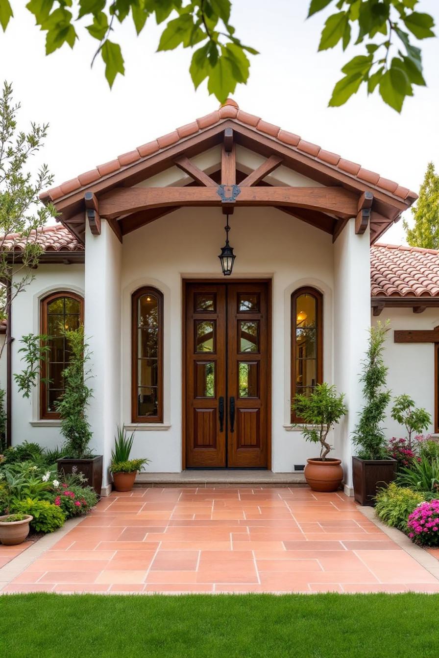 Elegant wooden doors with terracotta walkway