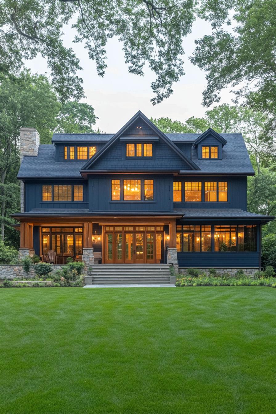 Modern craftsman house with lit windows surrounded by trees