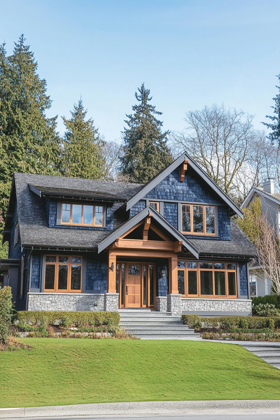 Stately modern craftsman home with dark blue siding and wooden accents