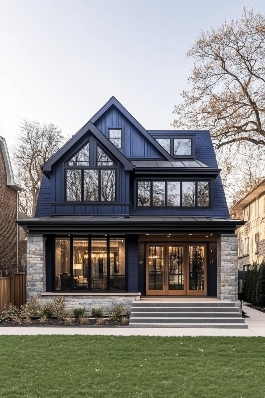 Contemporary blue craftsman house with large windows