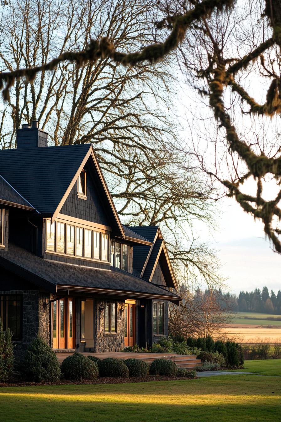 Charming craftsman house with a gabled roof, nestled in a serene landscape