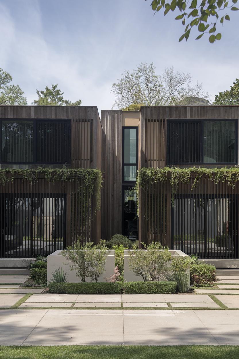 Modern duplex with wooden exterior and lush greenery