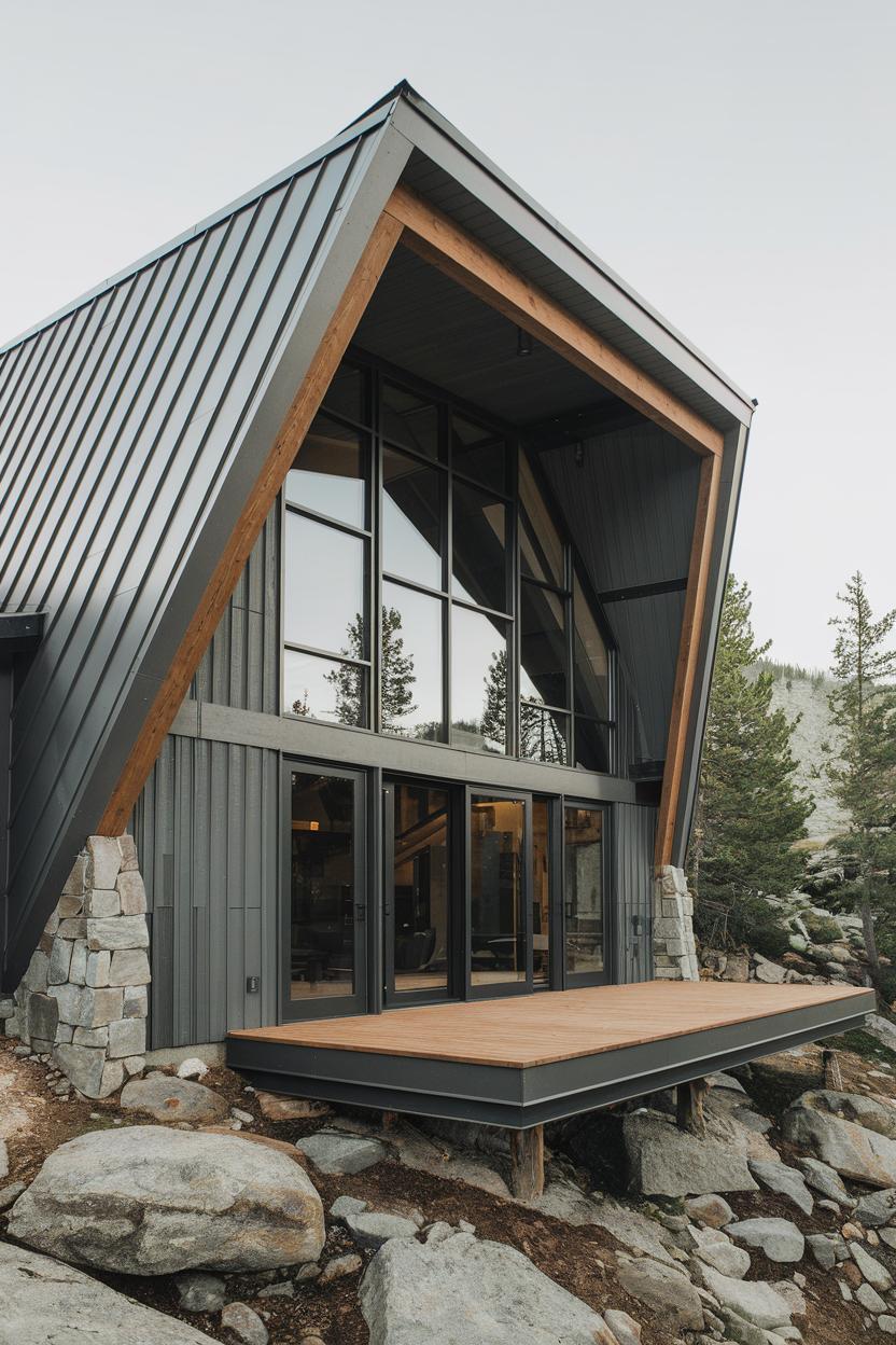 Modern angular cabin with large glass windows and stone accents