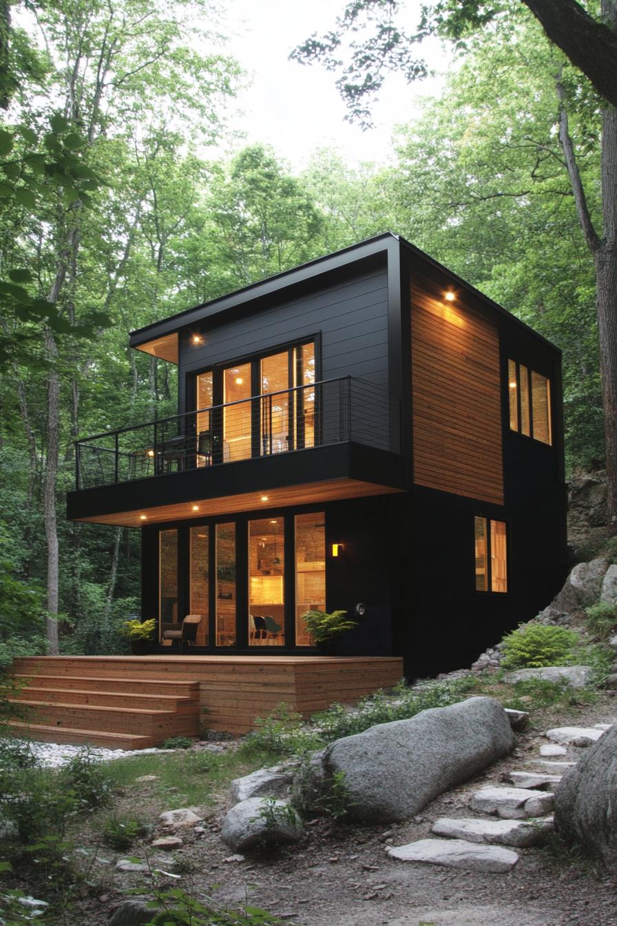 Contemporary cabin in a wooded setting with illuminated windows