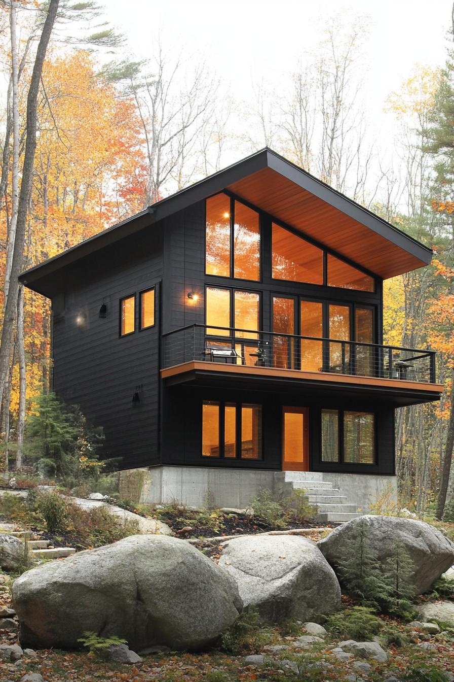 Modern mountain cabin with black exterior and large windows