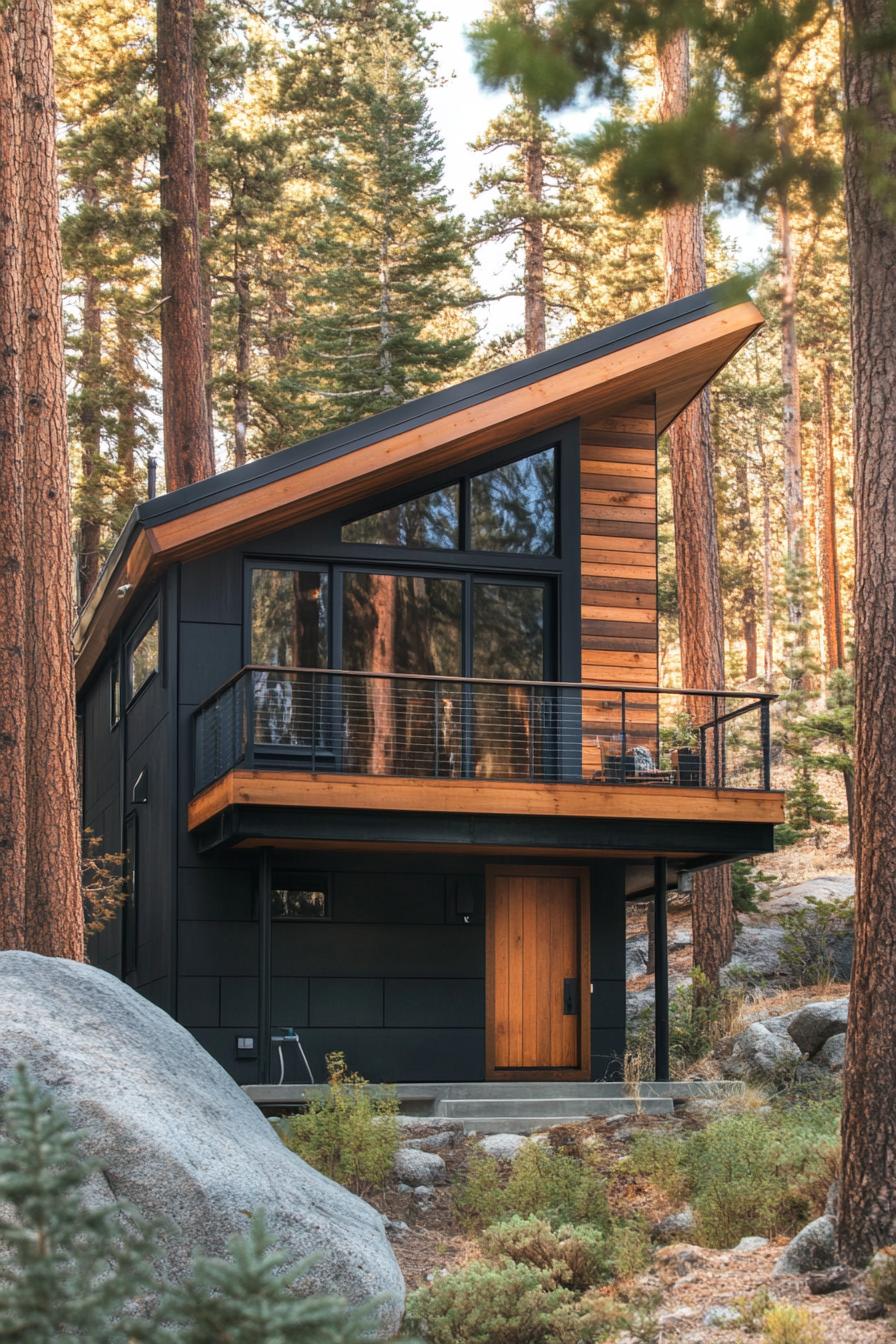 Modern mountain cabin with a slanted roof and balcony