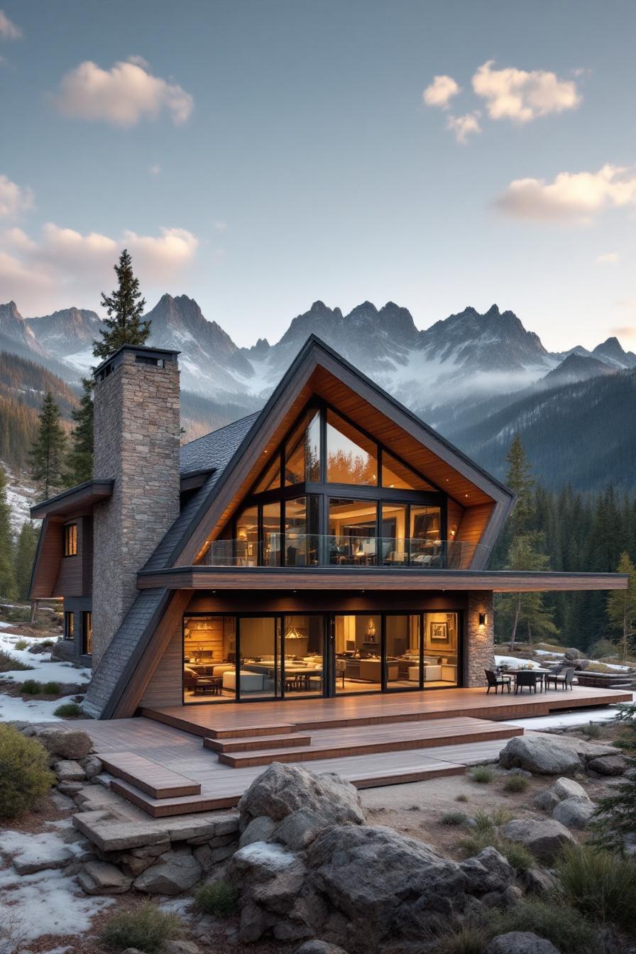 Stylish modern cabin with large windows and mountain backdrop