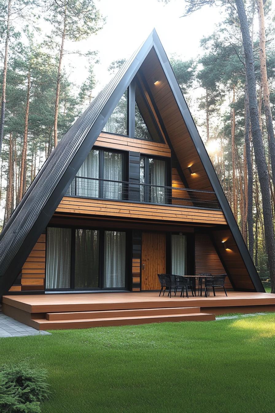 Triangular house nestled in a forest setting