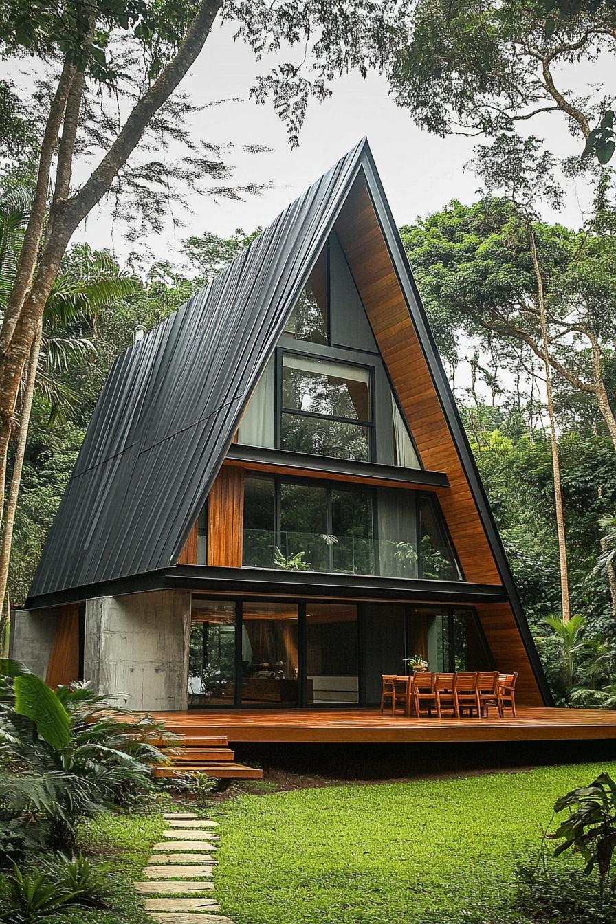 A-Frame house nestled in a lush forest