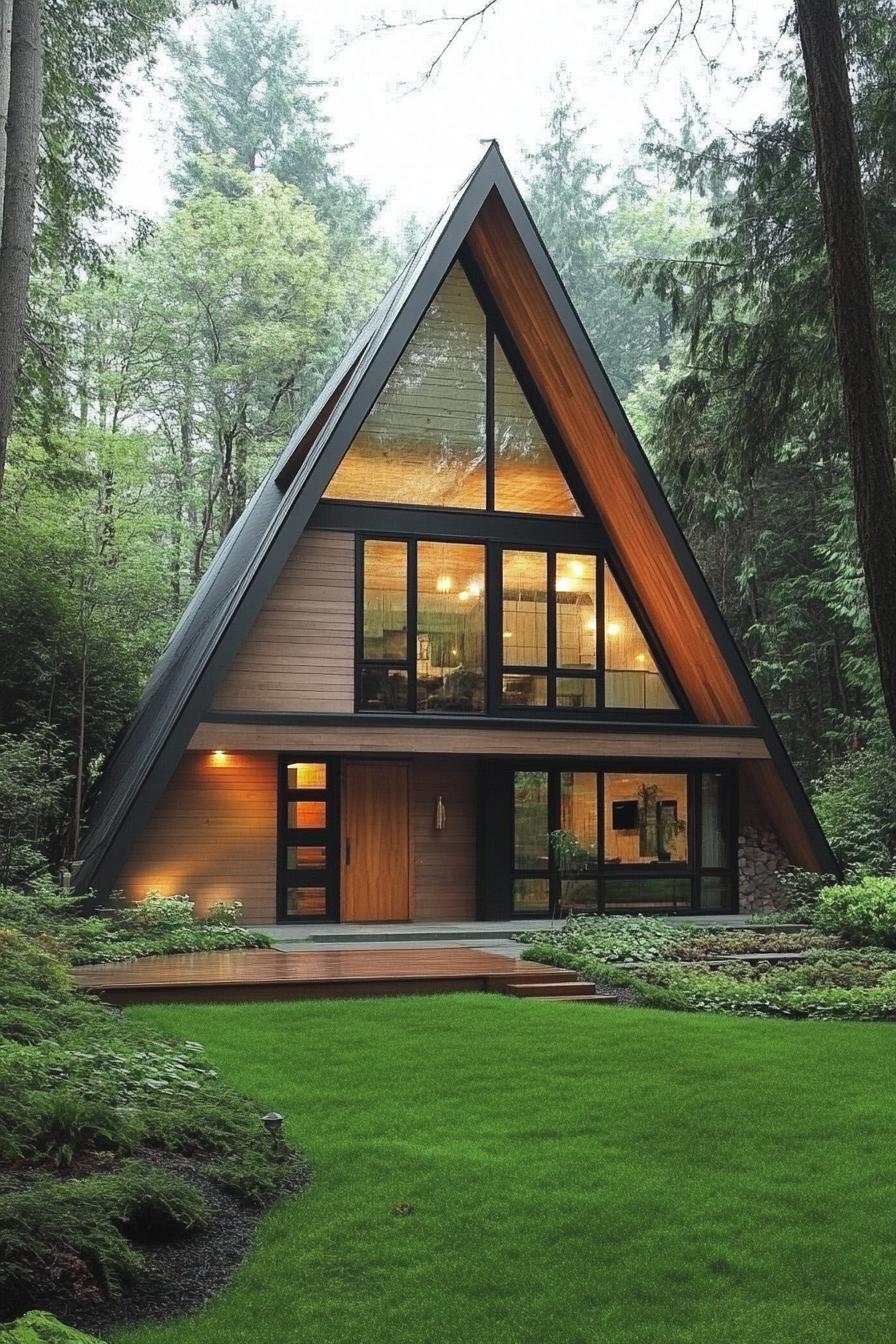 A-Frame structure nestled in a lush forest setting