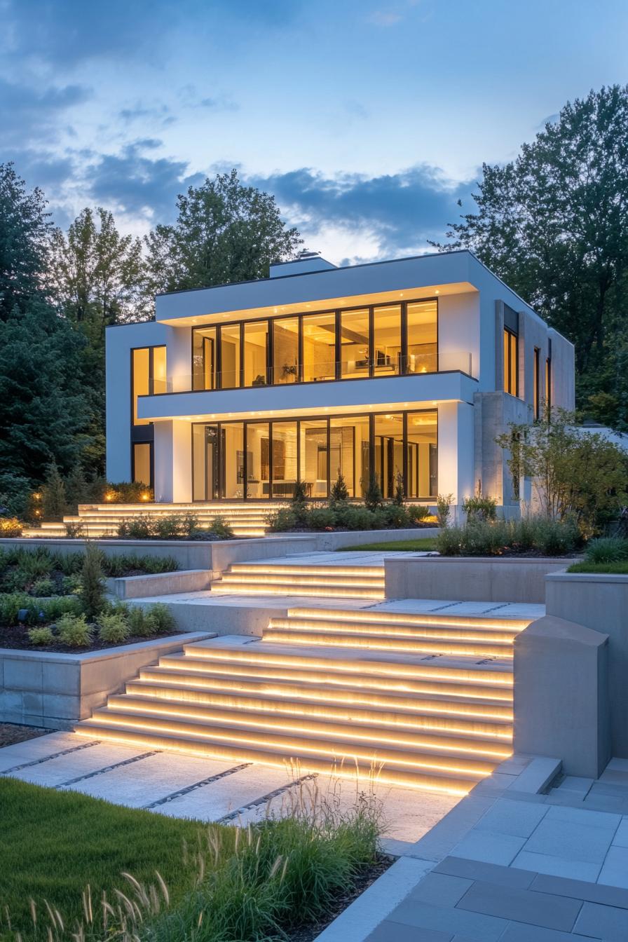 Modern house with glowing steps and large windows