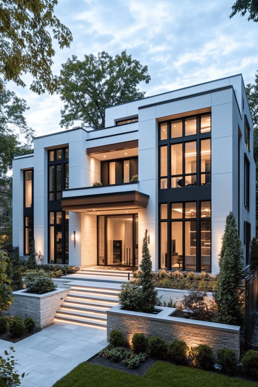 Modern white and black house with large windows, surrounded by greenery