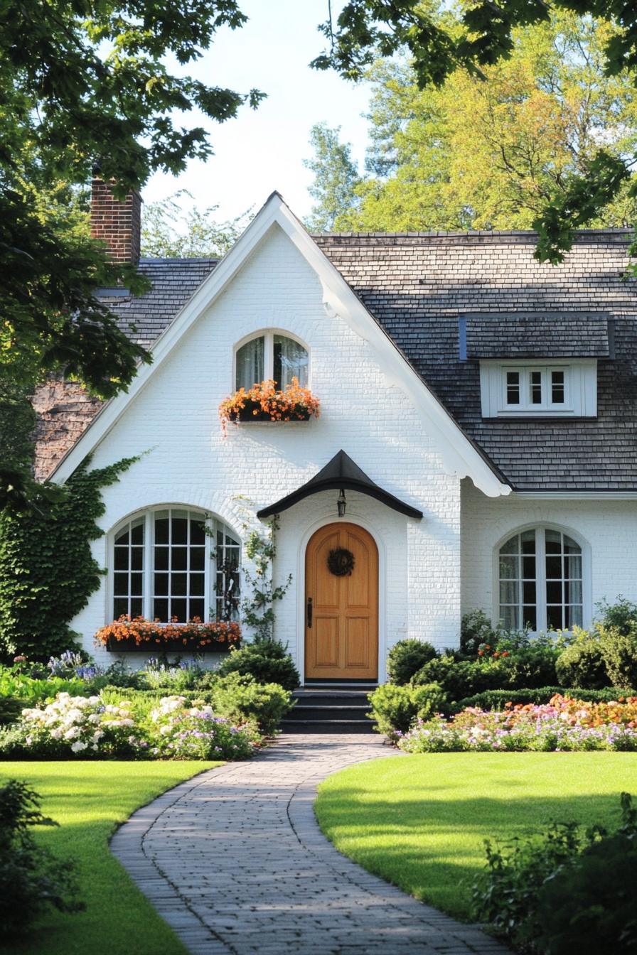 Charming stone cottage surrounded by lush greenery and flowers