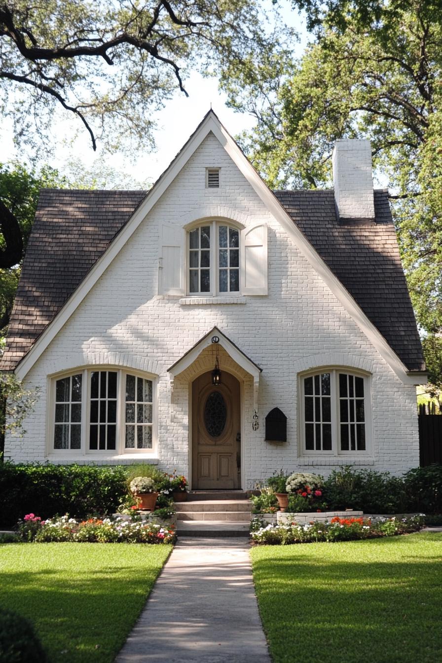 Charming white brick cottage with arched windows