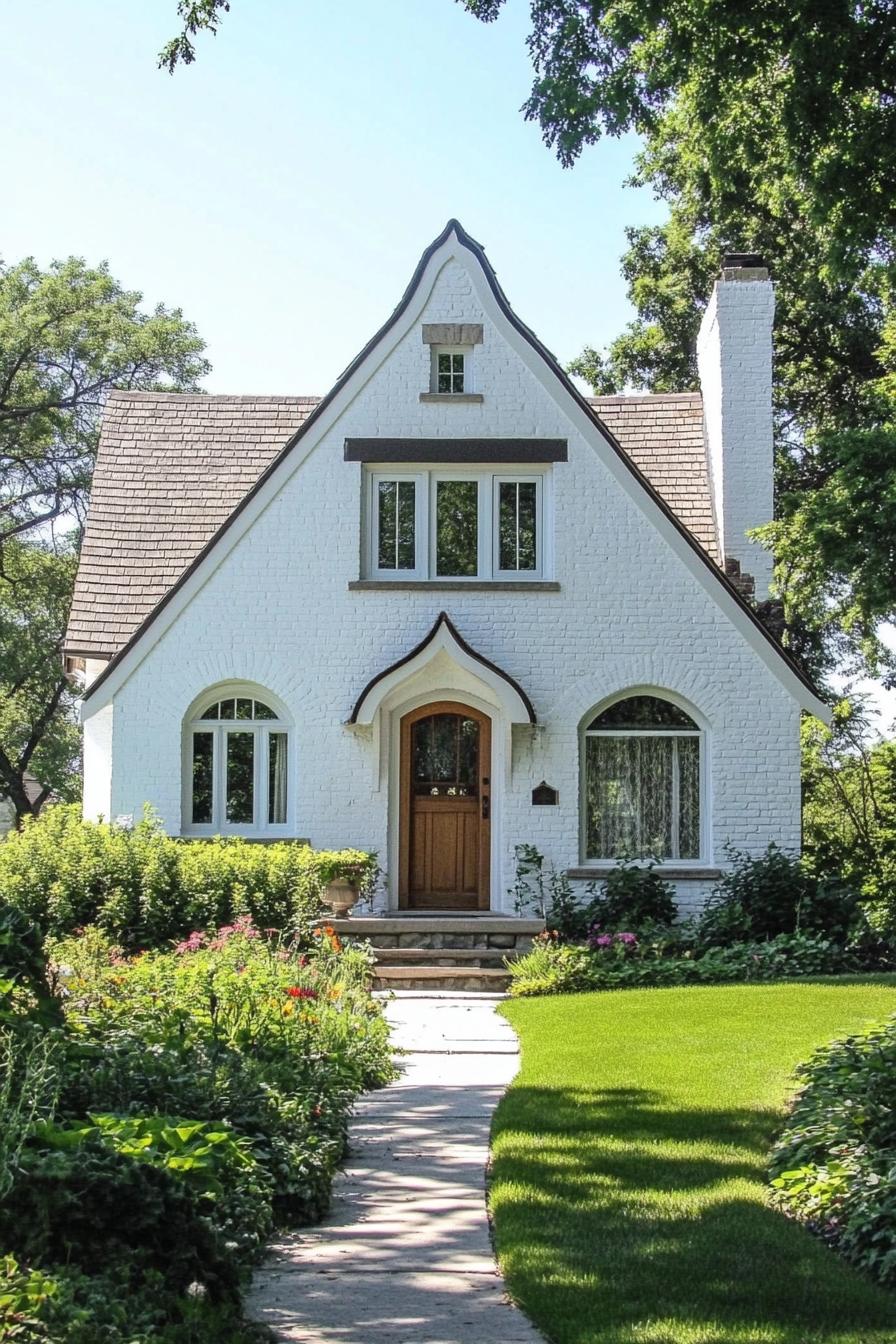 White brick cottage with a charming arched entrance and lush garden