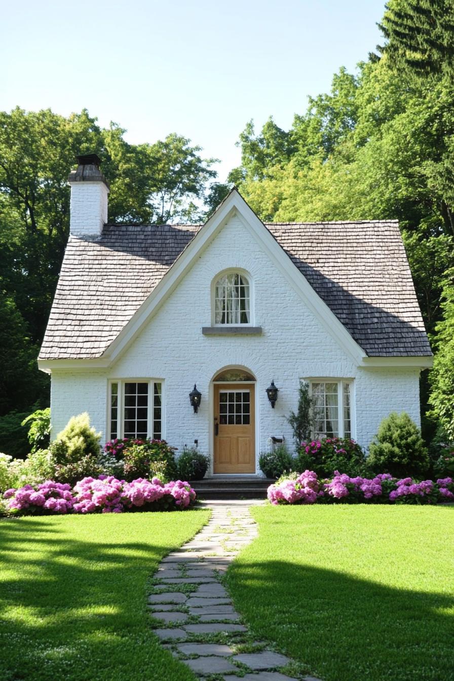 White cottage with stone path and flower garden