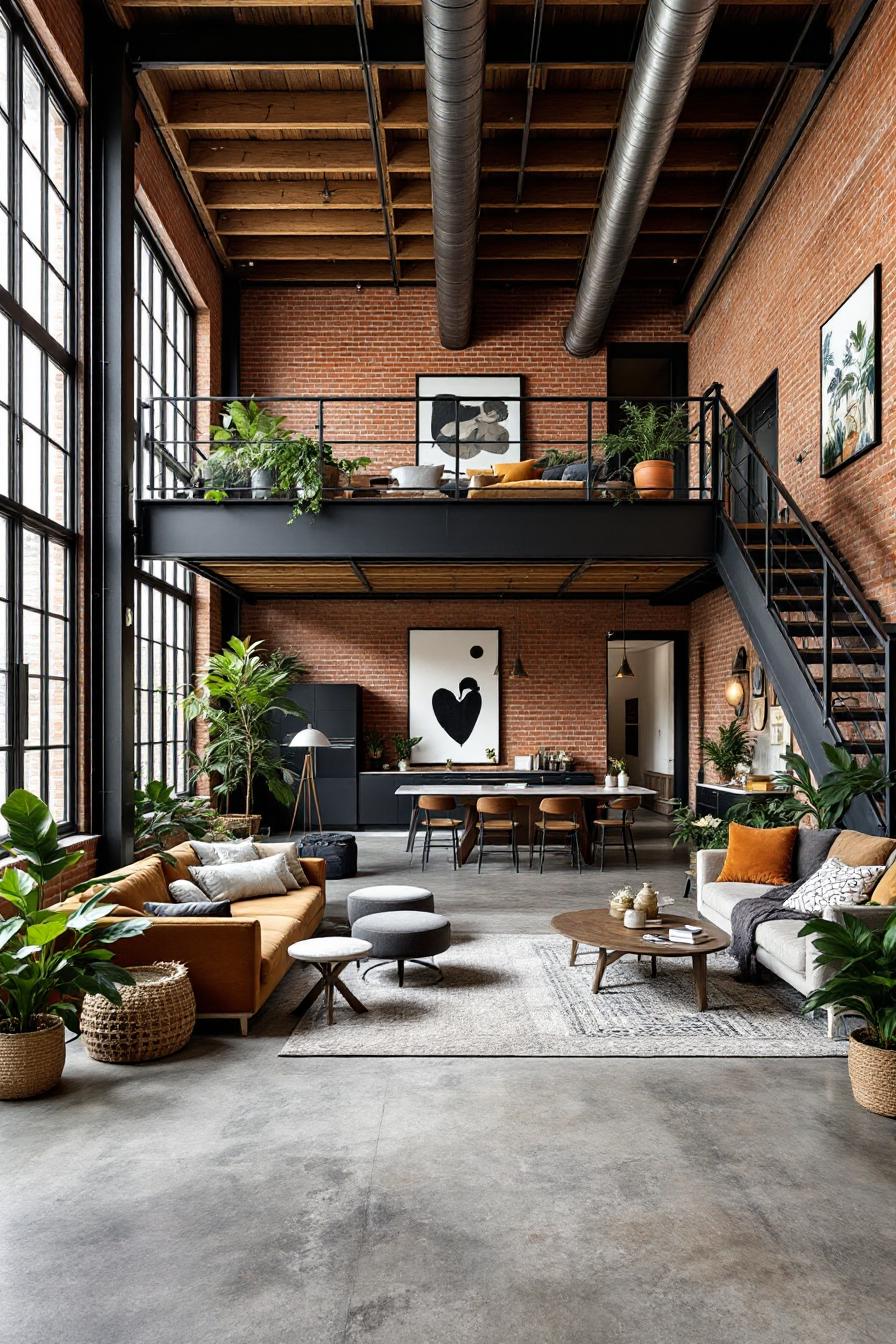 Stylish loft apartment with exposed brick and greenery