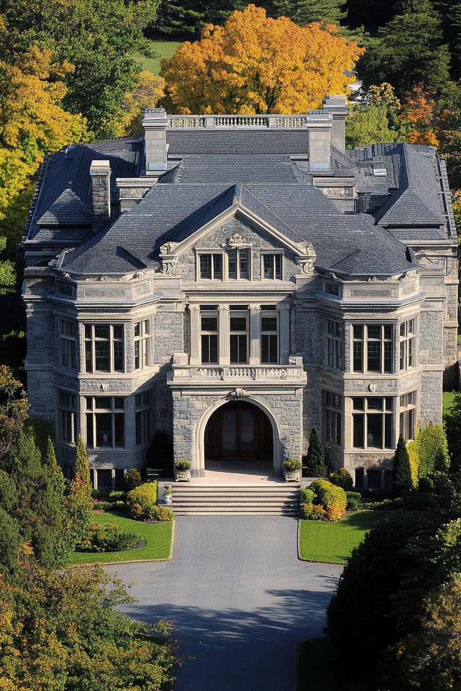 Elegant stone mansion surrounded by vibrant trees