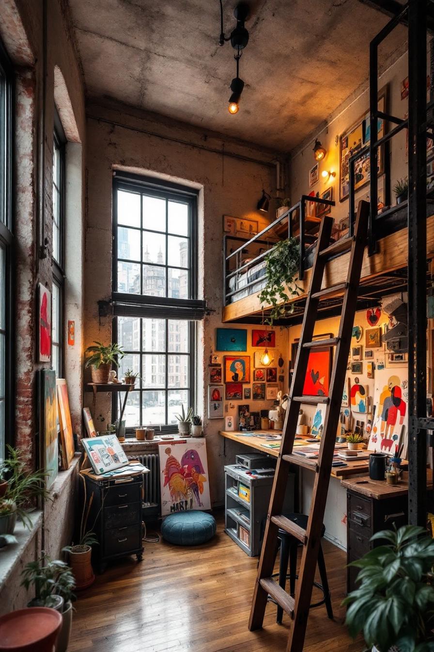 Colorful loft workspace with tall windows and artwork