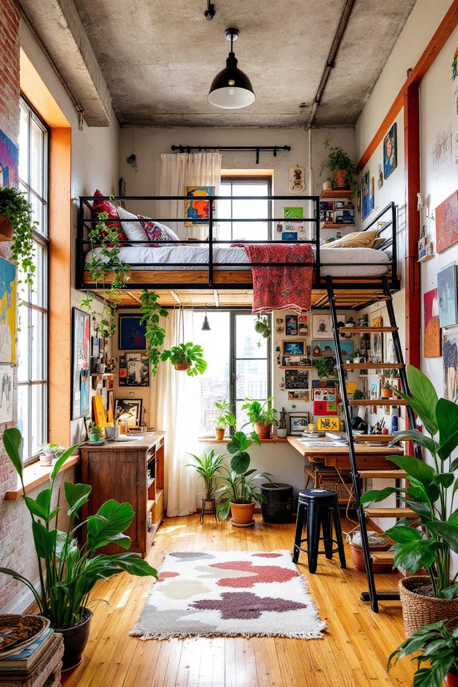 Small loft apartment filled with plants and artwork