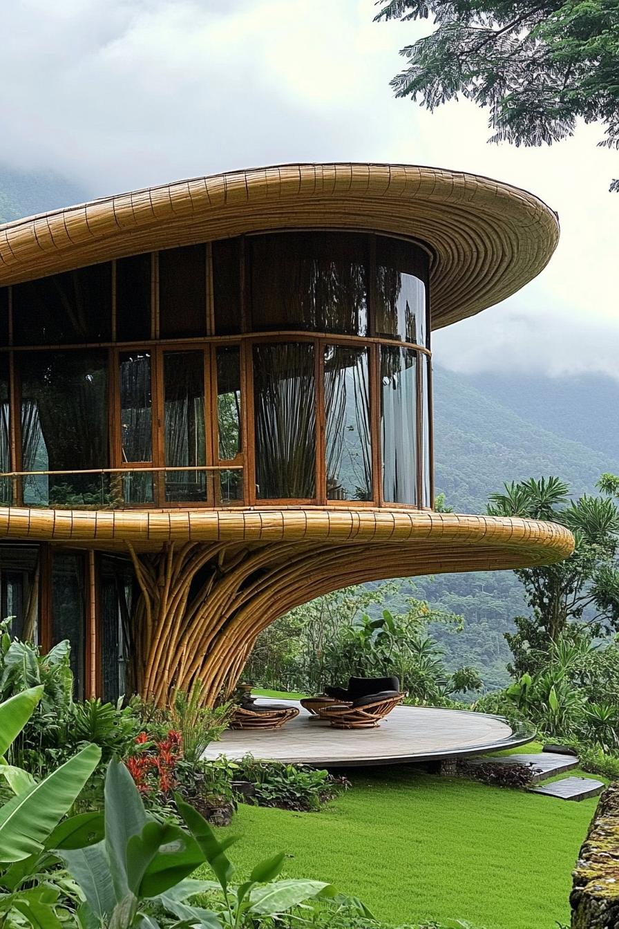 Stunning bamboo house with curvy design amidst lush greenery