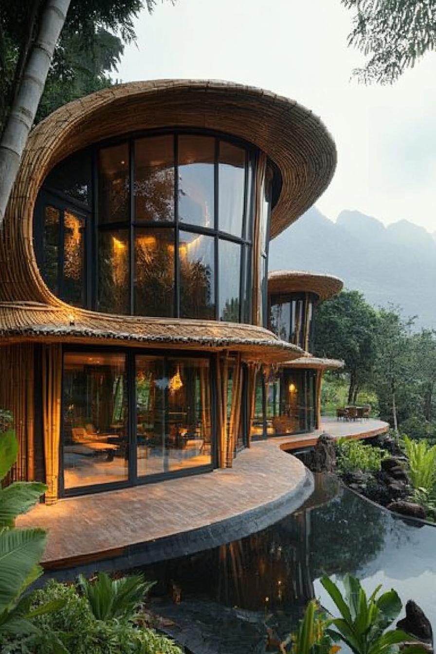 Bamboo house with curvy architecture surrounded by greenery and water