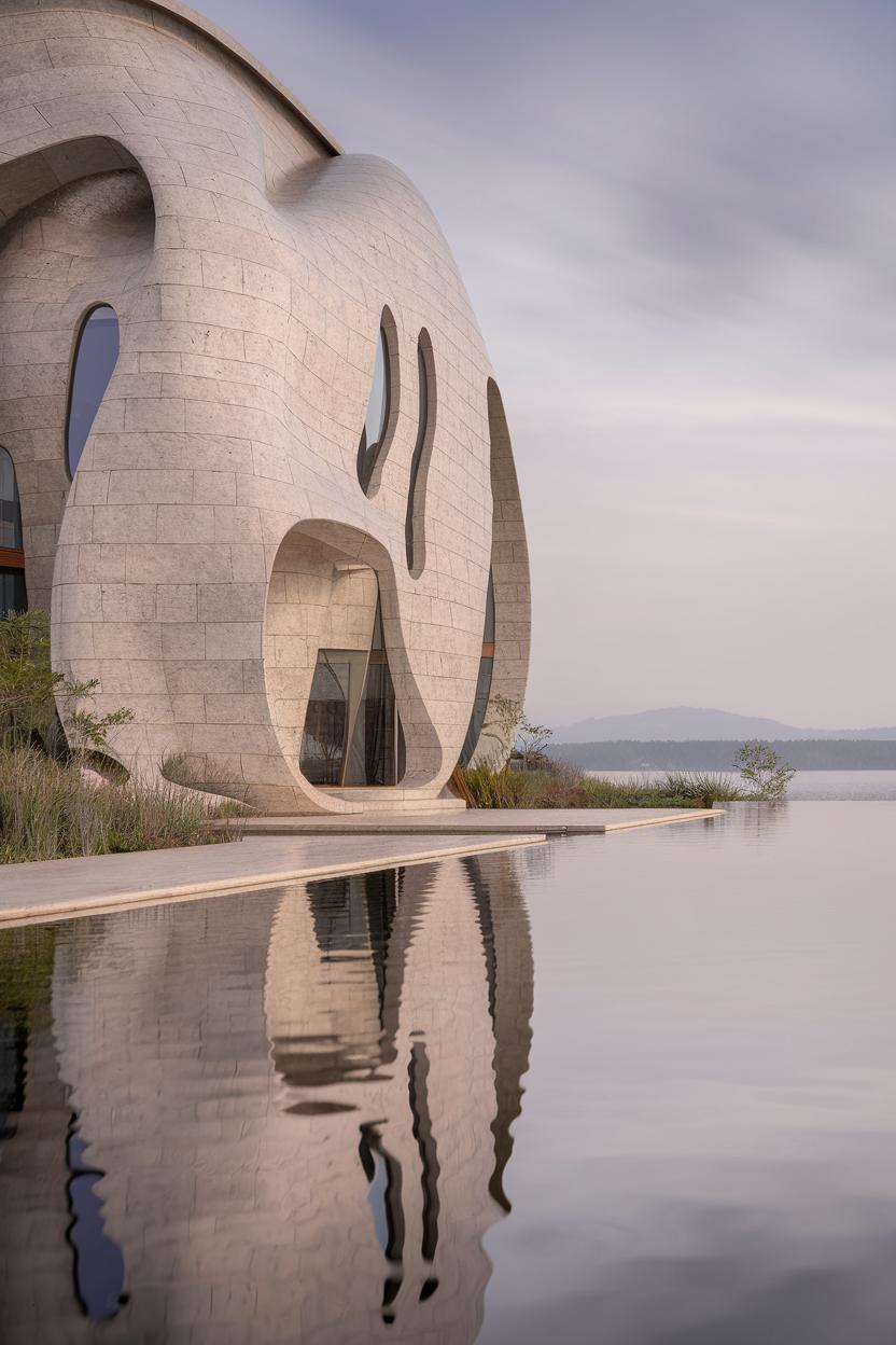 Futuristic organic building by a tranquil pool