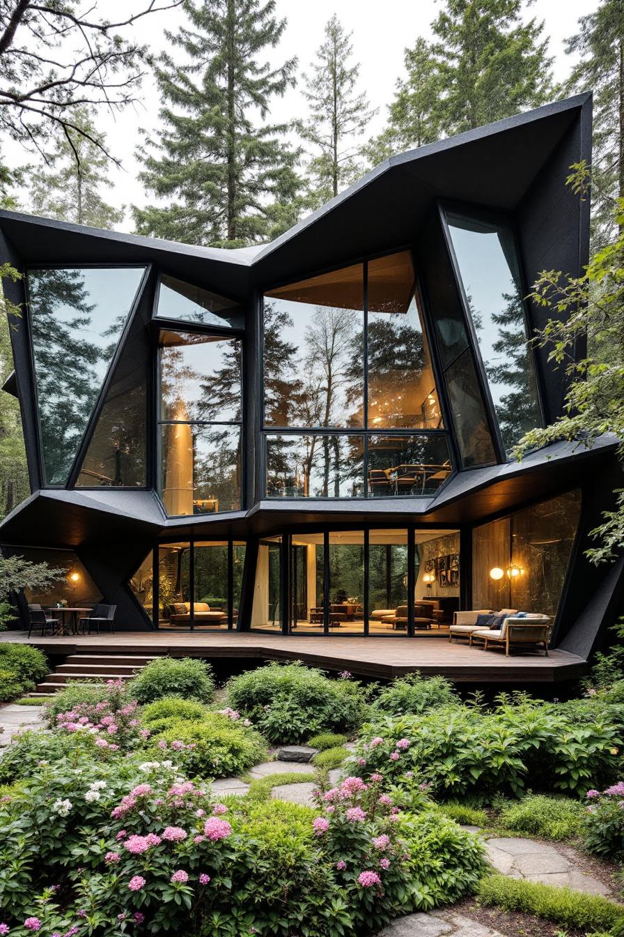 Organic structure with large, angular windows in a lush forest setting