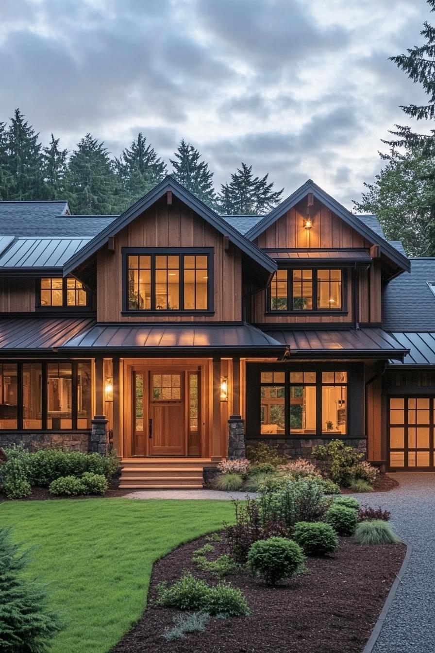 Warmly lit Craftsman farmhouse with lush landscaping