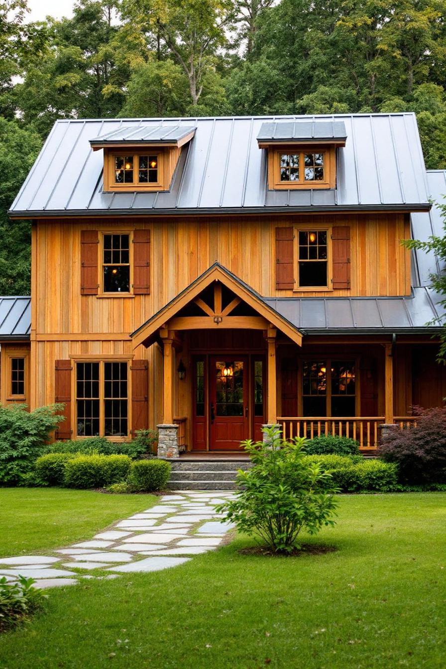 Wooden farmhouse with metal roof and lush garden path