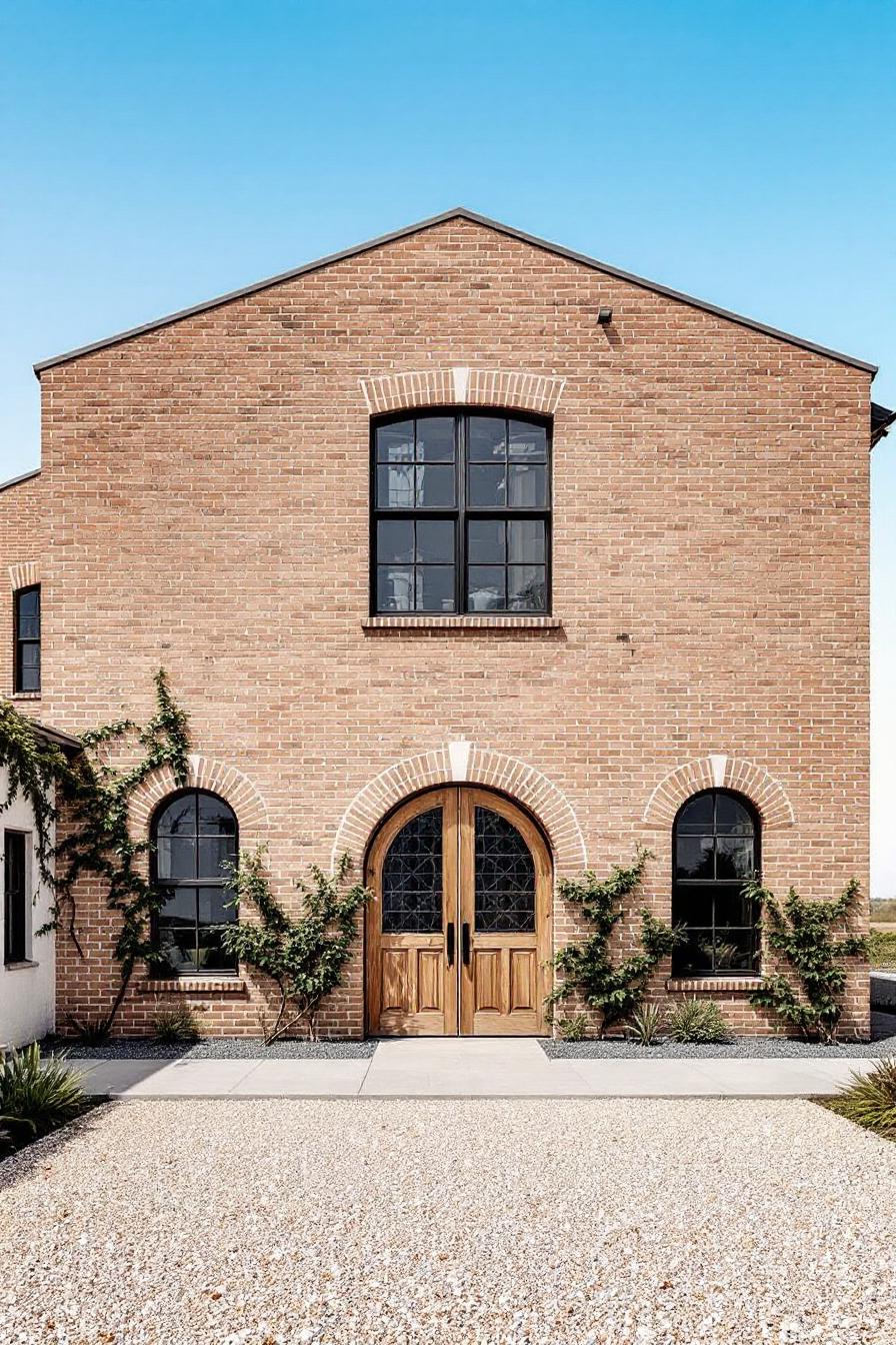 Charming brick building with arched windows and ivy